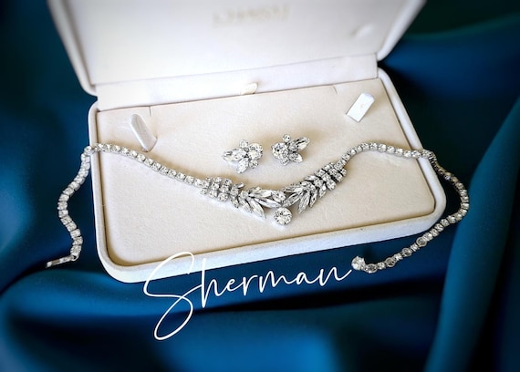 Signed SHERMAN Swarovski Crystal Necklace & Clip Earrings Set