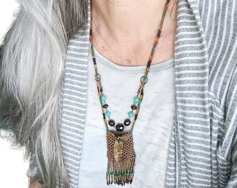 Vintage Beaded Amulet Purse Necklace: Czech Glass Boho Fringe
