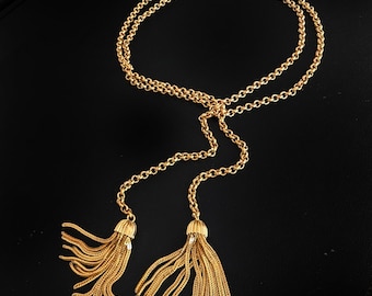 1970s Extra Long 44" Vintage Tassel Lariat Necklace | Gold Plated Rolo Chain | 2" Braided Fringe Tassels | 47g Versatile Statement Wrap