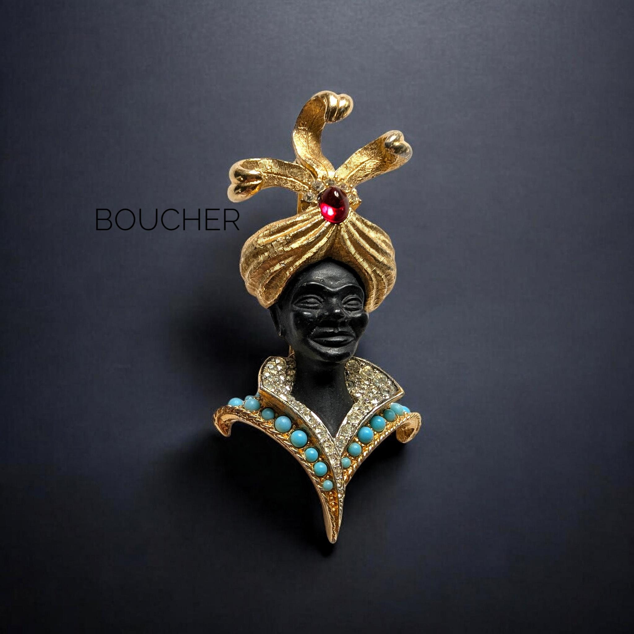 Stunning RARE Marcel BOUCHER Blackamoor Moorish Prince Brooch Red  Cabochon, Turquoise Bead, Crystal Signed Numbered Attn Collectors!