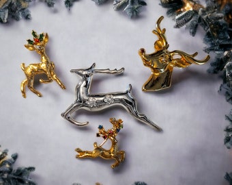 4 Vintage Holiday Christmas Reindeer Brooches/ Pins - Choose 1 or Multiples with Discount Code in Description - Holiday Gift Idea!
