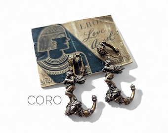 Vtg CORO 1952 EROS Love Angel Cupid Clip Earrings With Original Info. Booklet