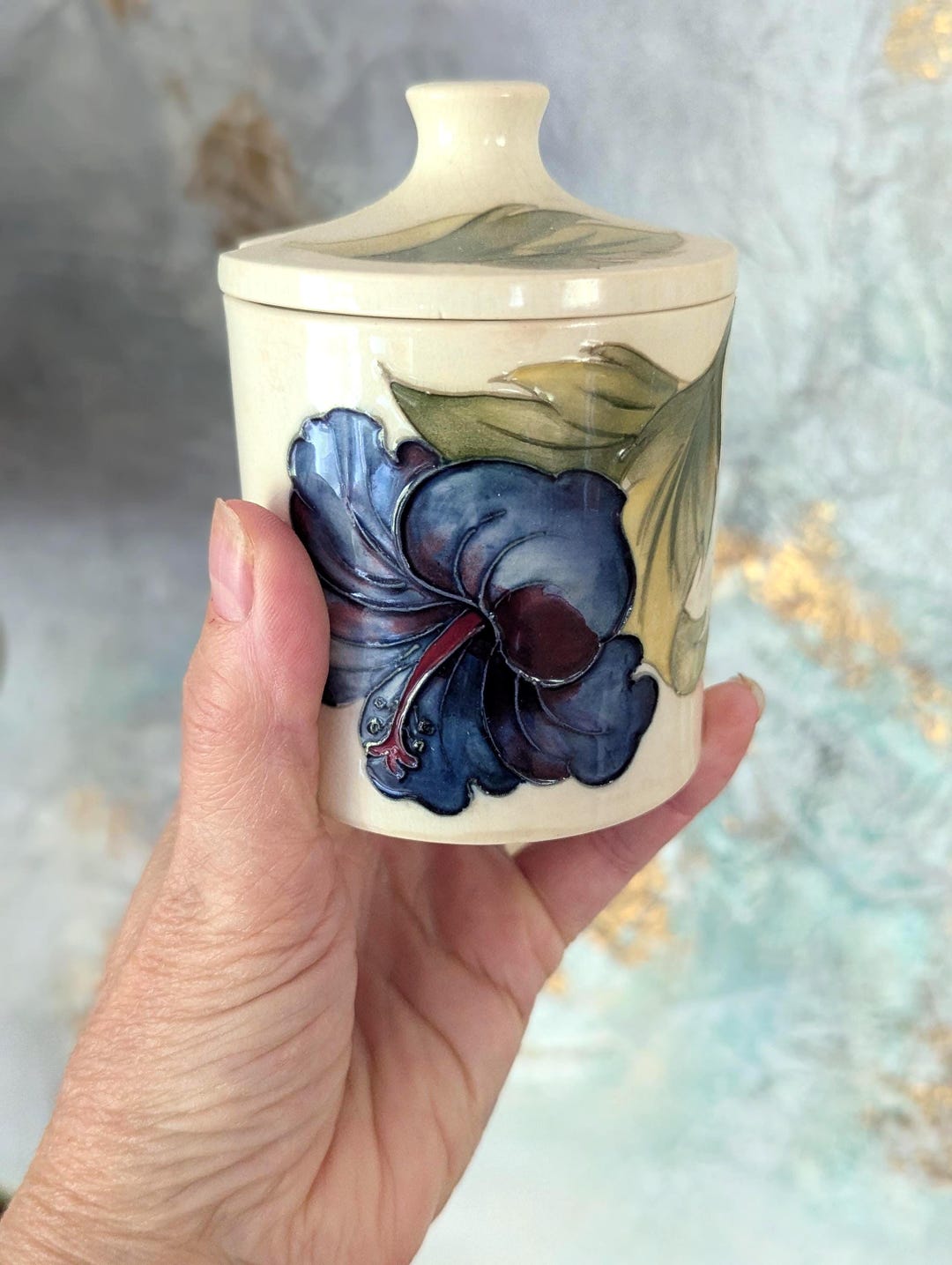 MOORCROFT Pottery Purple Blue Hibiscus Lidded Compote Jar 4.5