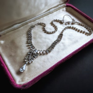 Vintage Art Deco Rhinestone Necklace: 16&quot; Rhodium Plated Bridal Jewelry
