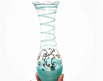 Vintage Italian 9" Aqua & Gold Glass Bud Vase - Hand Painted Art Glass Collectible - MCM Home Decor