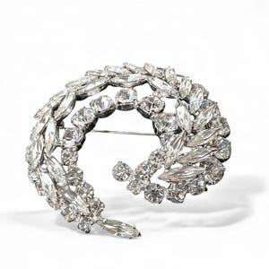 Sherman Style Crystal Swirl Brooch | Navette & Chaton Clear Swarovski Spiral Pin | 2.25" Silver Rhodium Layered Statement Jewel