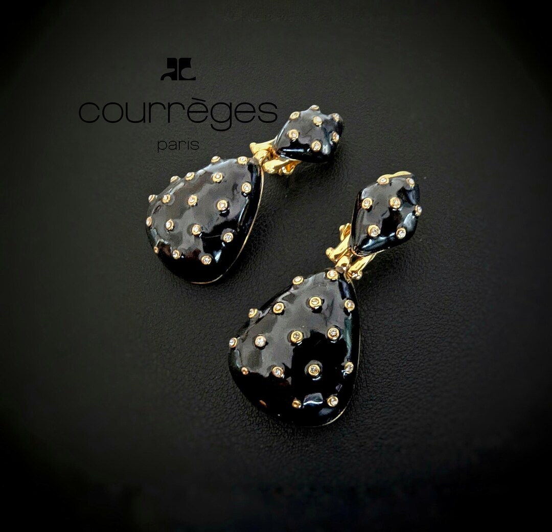 Signed COURREGES PARIS Earrings | Black Enamel & Crystal Door