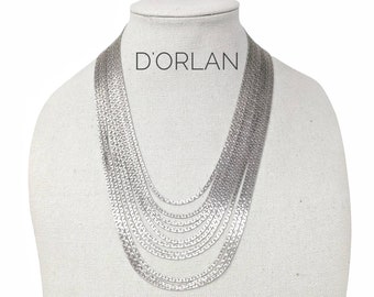 Vintage 80s D'ORLAN Modern Style 11 Strand Layered Flat Chain Statement Necklace- Triple-Plated SILVER Finish - NEW Old Store Stock!