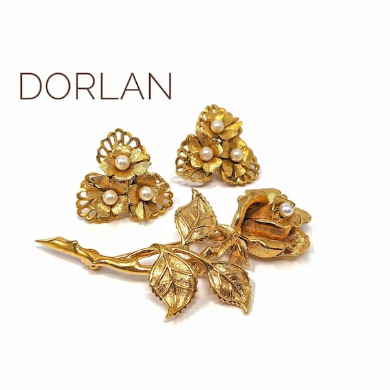 D'ORLAN ブローチ&イヤリング　セット　ヴィンテージ　ビンテージ　オールド Vintage D'ORLAN Gold Floral Brooch Earring Set: 22K Triple-plated