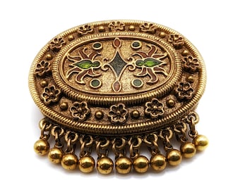 Vintage Victorian ETRUSCAN REVIVAL Gold Tone & Enamel Statement Brooch  - UNSIGNED - Pristine Condition!