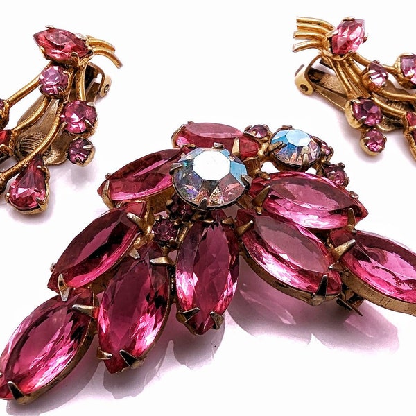 Vintage 50s Unsigned Hot Pink Navette & AB Open Back Rhinestone Spray Brooch + Clip On Earrings - Prong Set in Gold-Tone -Married Pair!