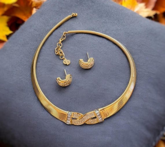 80s Christian Dior Necklace Earring Set: Gold Plated Swarovski