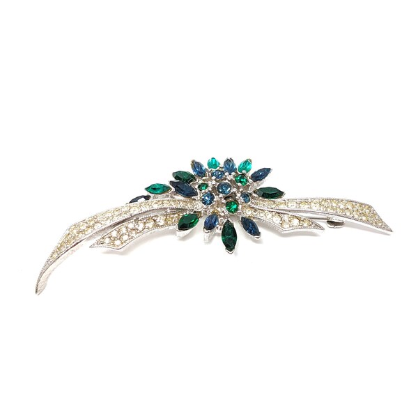 Puce demi-fleur strass vert et blanc dorée