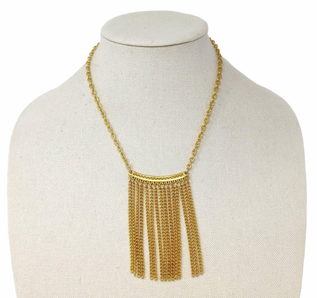 Vintage Minimalist Rich Gold Tone Fringe Chain Pendant Necklace