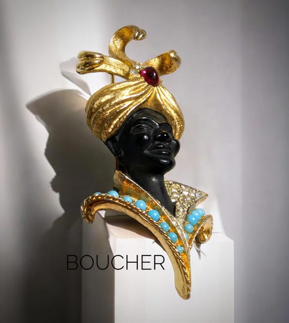 Stunning RARE Marcel BOUCHER Blackamoor Moorish Prince Brooch Red Cabochon Turquoise Bead Crystal Signed Numbered Attn Collectors Etsy