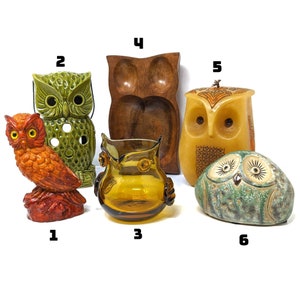 You Choose MCM 70s OWL Boho Decor Collection - Wood Dish, Candle, Ceramic Tea Light, Glass Vase, Resin Owl Figurine - Or Choose Grouping!
