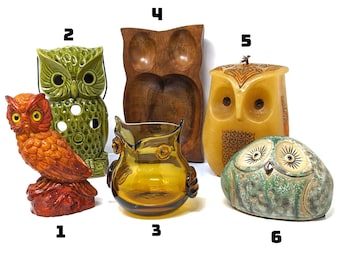 You Choose MCM 70s OWL Boho Decor Collection - Wood Dish, Candle, Ceramic Tea Light, Glass Vase, Resin Owl Figurine - Or Choose Grouping!