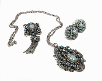 Vintage nepturkoois sieradenset: broche, hanger, oorbellen