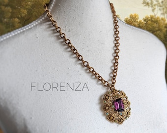 60s FLORENZA Etruscan Brooch/Pendant - 24K Gold Plate w/ Amethyst Glass Cabochon + Antique Textured Gold plated Brass Chunky Cable Chain