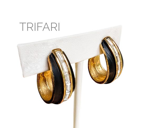 Boucles D'oreilles Clips Plaqué Or Avec Verre Noir Et Strass - Style Vintage Occasion