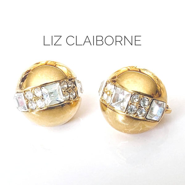 Vintage LCI Liz Claiborne Domed Button Clip -on Oorbellen - Swarovski Crystal & Gold Tone - Hoge kwaliteit Kostuum Sieraden