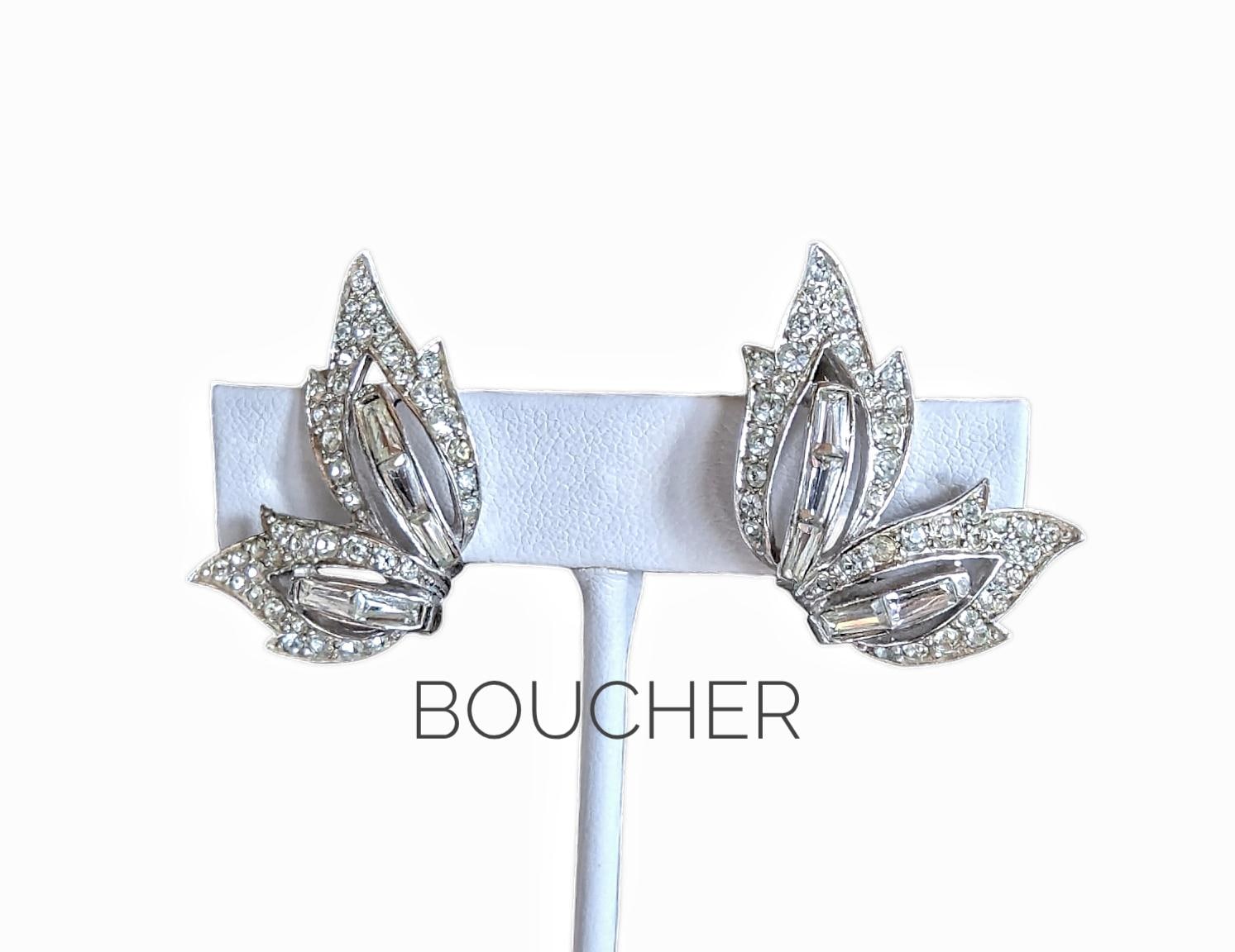 Exquisite 1950s BOUCHER Baguette Crystal Rhinestone Ear Climber Clip Earrings - Silver Rhodium Plated - SIGNED & NUMBERED - French Designer