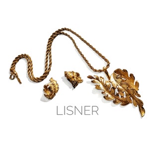 Vintage 60s Goldtone Signed LISNER Leaf Brooch/Pin w/ Matching Clip-On Earrings, Pendant Converter & Napier Rope Chain