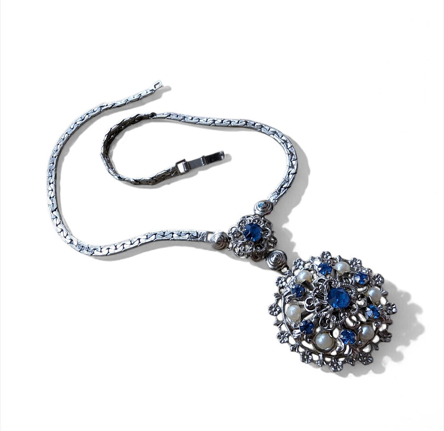 Collier Victorien Ancien En Perles Bleues Et Métal Argenté - Vintage France, Style XIXe Siècle