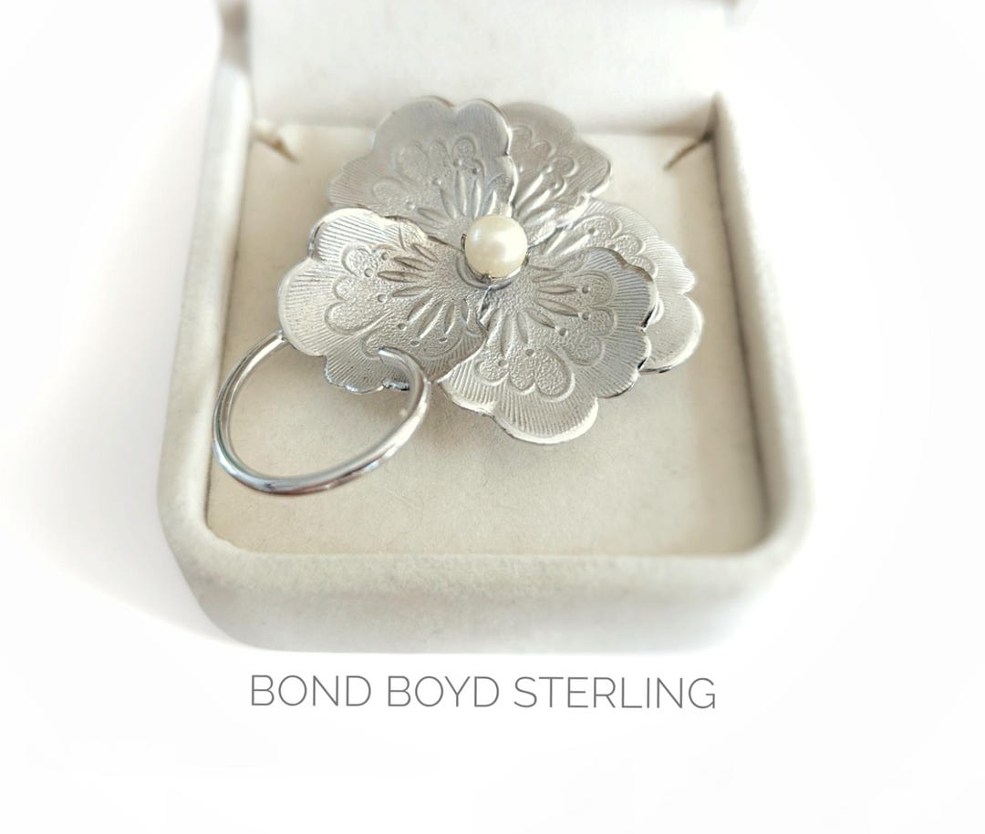 Bond Boyd Sterling Silver Flower Brooch: Faux Pearl, Satin Finish