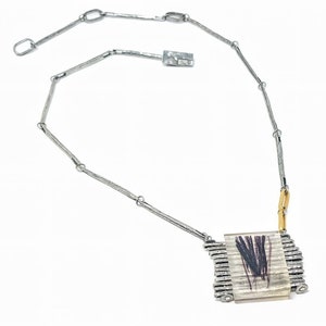 Vintage Modernist ANNE MARIE CHAGNON Pewter & Lucite Pendant Necklace - Canadian Designer - Abstract Art - Textured Mixed Metal Chain