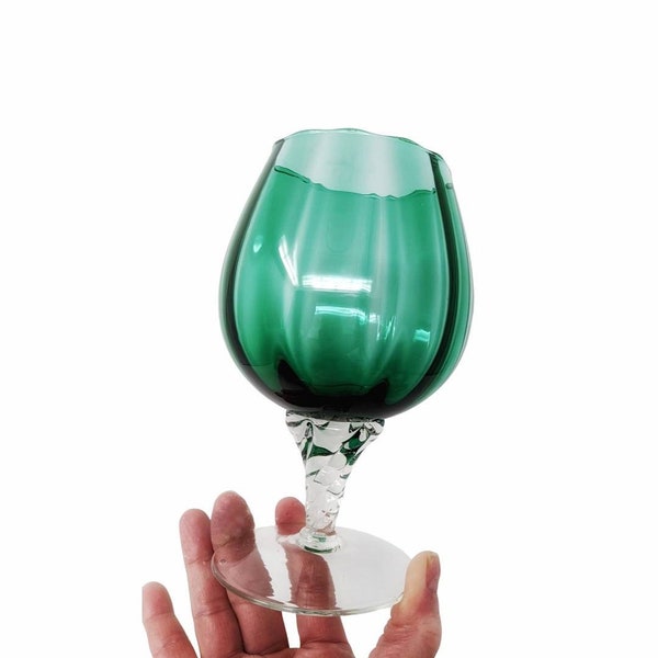 VTG MCM Empoli Teal-Green Balloon Glass/Brandy Snifter -  Clear Glass Applied Short Twist Pedestal Stem - Retro Empoli Wine Glass/Vase - 6"