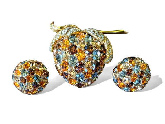 RARE Vintage CINER Domed Autumn Crystal Berry Brooch & Button