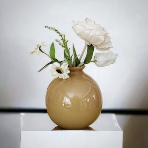 Vintage Hand Blown Art Glass Balloon-Shaped Vase - Caramel & Clear Cased  Glass -  Murano Style  Minimalist Modernist Home Decor