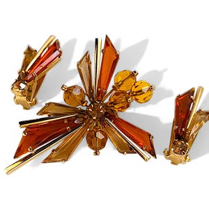 Vintage Retro Atomic Starburst Topaz Cognac Rhinestone Crystal Brooch/Clip-on Earring Set Gold-Tone - UNSIGNED Mid-Century Costume Jewelry
