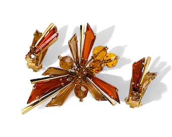 Vintage Atomic Starburst Brooch Earring Set: Topaz Rhinestone Costume Jewelry