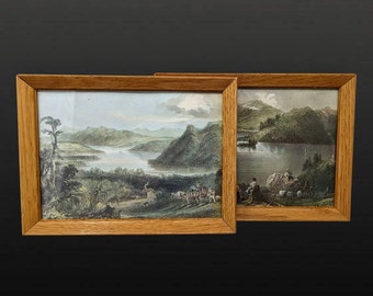 Two Small Vintage Wood Framed Prints of Early 1800s Engravings - Depicting Settlers and Cabins On Shores - Unsigned