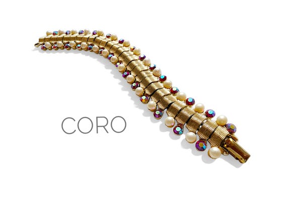 1950s CORO Faux Pearl Bracelet: Hyacinth AB Swarovski Rhinestone