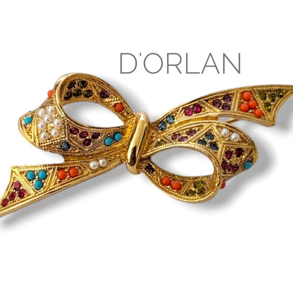 Vintage D'ORLAN Buried Treasure Bow Brooch - Triple 22K Gold Plate Multi-Colored Pave Swarovski Embellished Pin