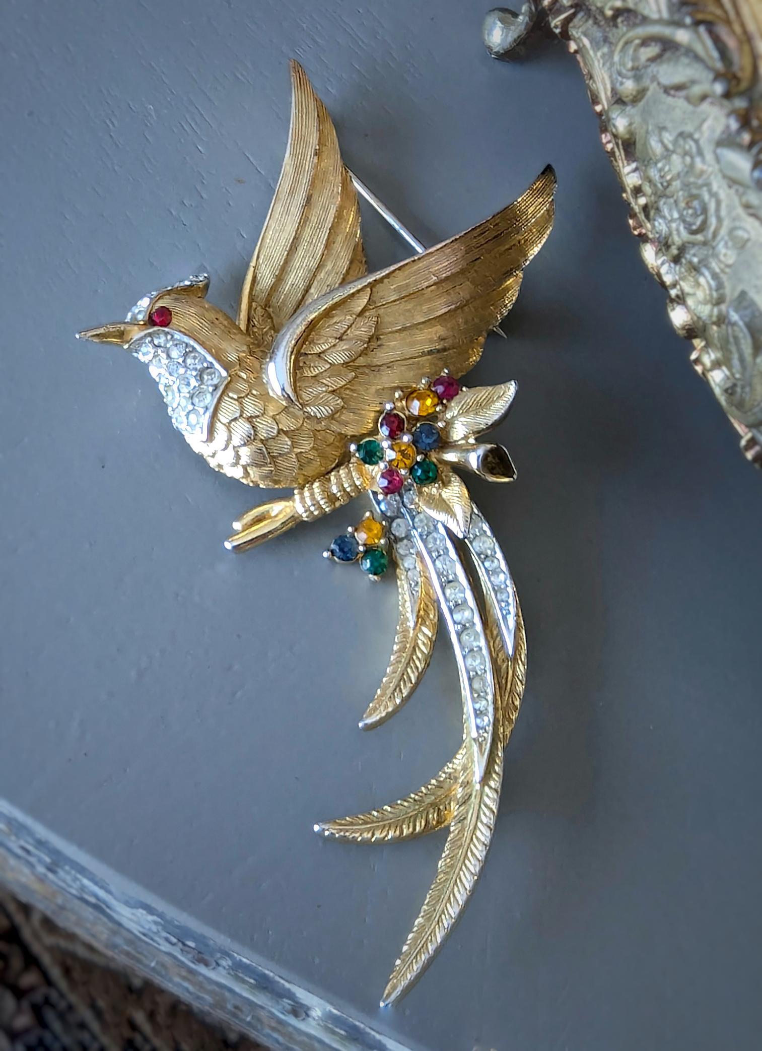 Marcel Boucher Bird of Paradise Brooch: Gold Plated Rhinestone