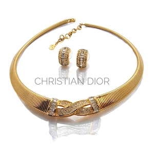 80s Christian Dior Necklace Earring Set: Gold Plated Swarovski Crystal Omega Chain