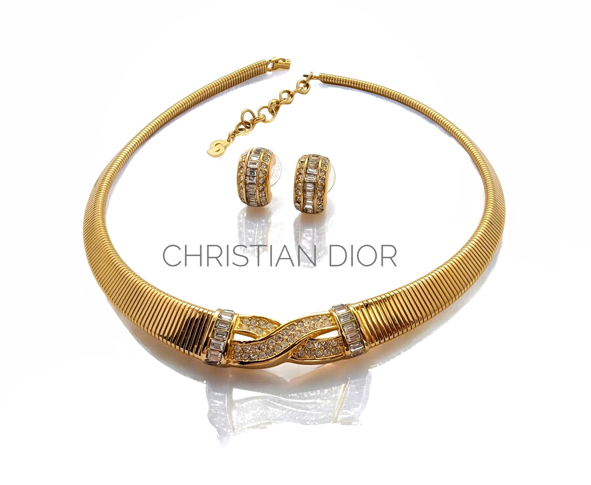 80s Christian Dior Necklace Earring Set: Gold Plated Swarovski
