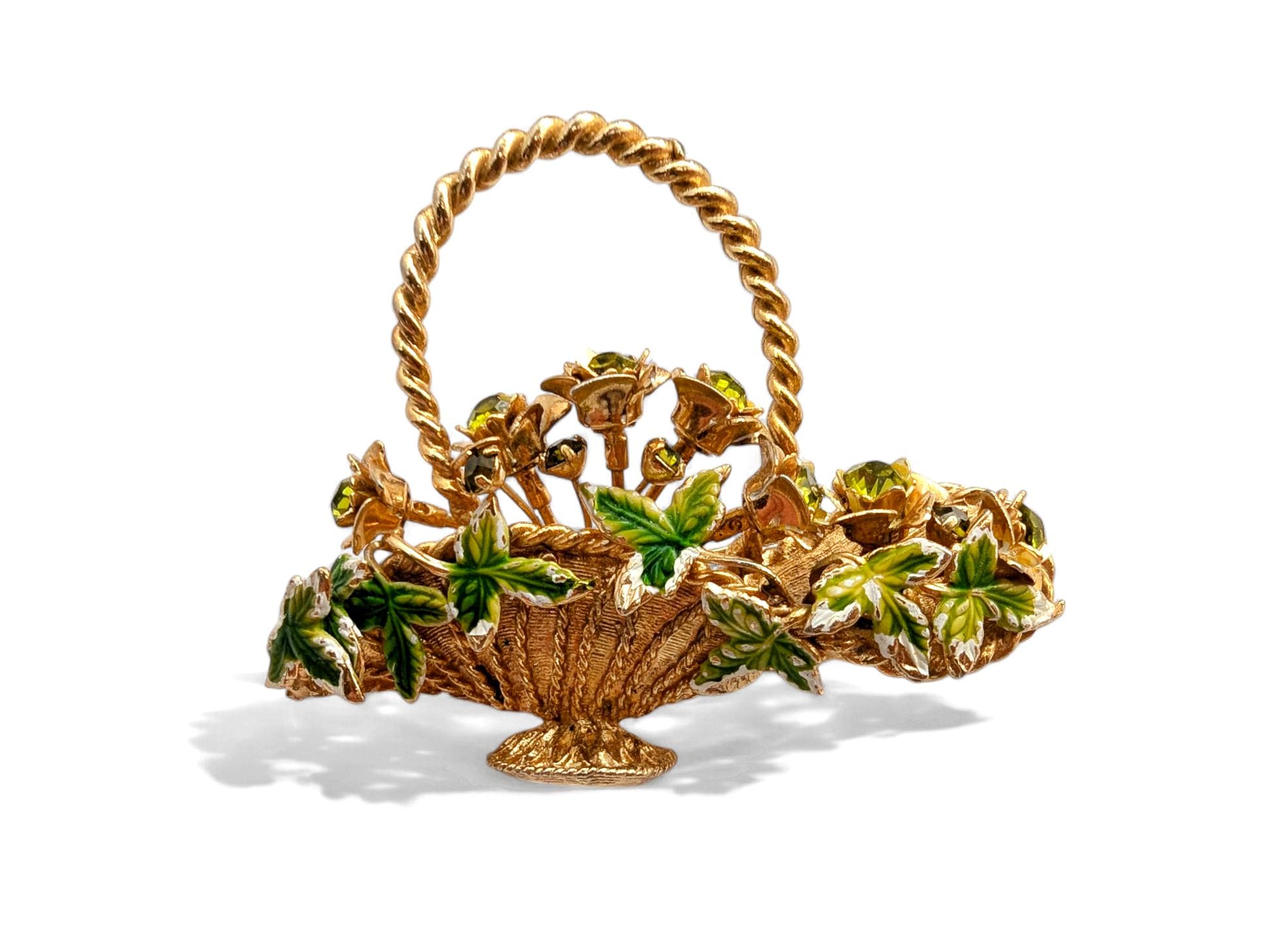 Hattie Carnegie Flower Basket Brooch: 50s Enamel Leaf, Olivine