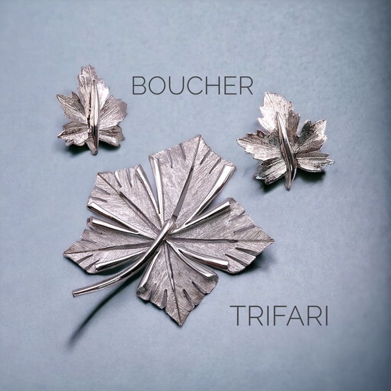 1960 MCM Trifari Matte Silver Maple Leaf Brooch &… - image 2