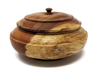 Lathe Turned Lidded Wood Trinket Bowl - Beautiful Grain Pattern