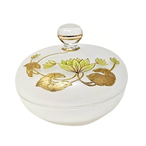 Vintage Czech Bohemia Frosted Glass Lidded Candy Dish - Hand Painted Flora Lilly Pad Raised Gold Trim Design
