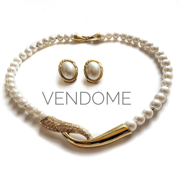 Exquisite Vintage 80s Signed VENDOME Faux Pearl, Crystal Goldtone Necklace & Clip Earring Demi Parure Set