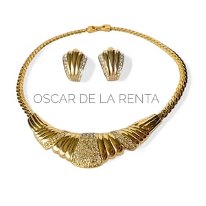 Vintage OSCAR de la RENTA Gold Plated Necklace & Earrings: Pave Crystal Set