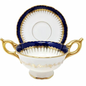 Antique Coalport Cobalt Blue Bullion Cup & Saucer: Gold Gilt, Pattern 6143