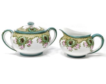 Exquisite Antique NIPPON MORIAGE Porcelain Sugar & Creamer Set - Circa 1890s - Hand Beaded and Painted Collectible - Made in Japan