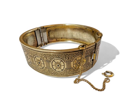Antique Victorian Gold Filled Etched Bangle | 1880s Aesthetic Movement Floral Geometric Bracelet | Hinged 7" Wrist | Pinchbeck Style Jewelry